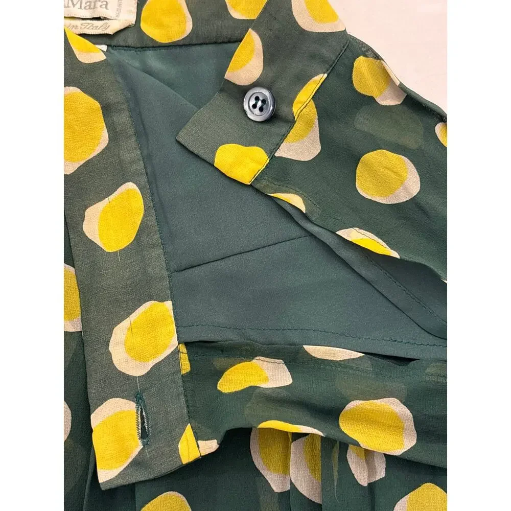 MAX MARA VTG Y2K Silk Chiffon Pleated Green Lemon Yellow Dot Print Skirt US Sz 8 - Picture 5 of 6